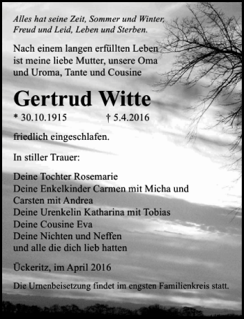 Traueranzeige von Gertrud Witte von Ostsee-Zeitung
