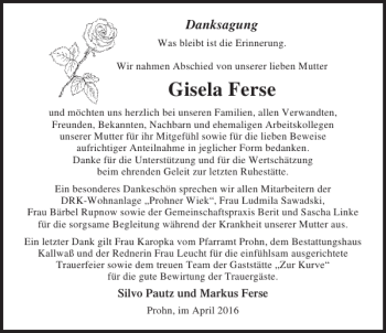 Traueranzeige von Gisela Ferse von Ostsee-Zeitung