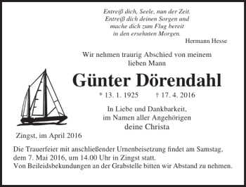 Traueranzeige von Günter Dörendahl von Ostsee-Zeitung