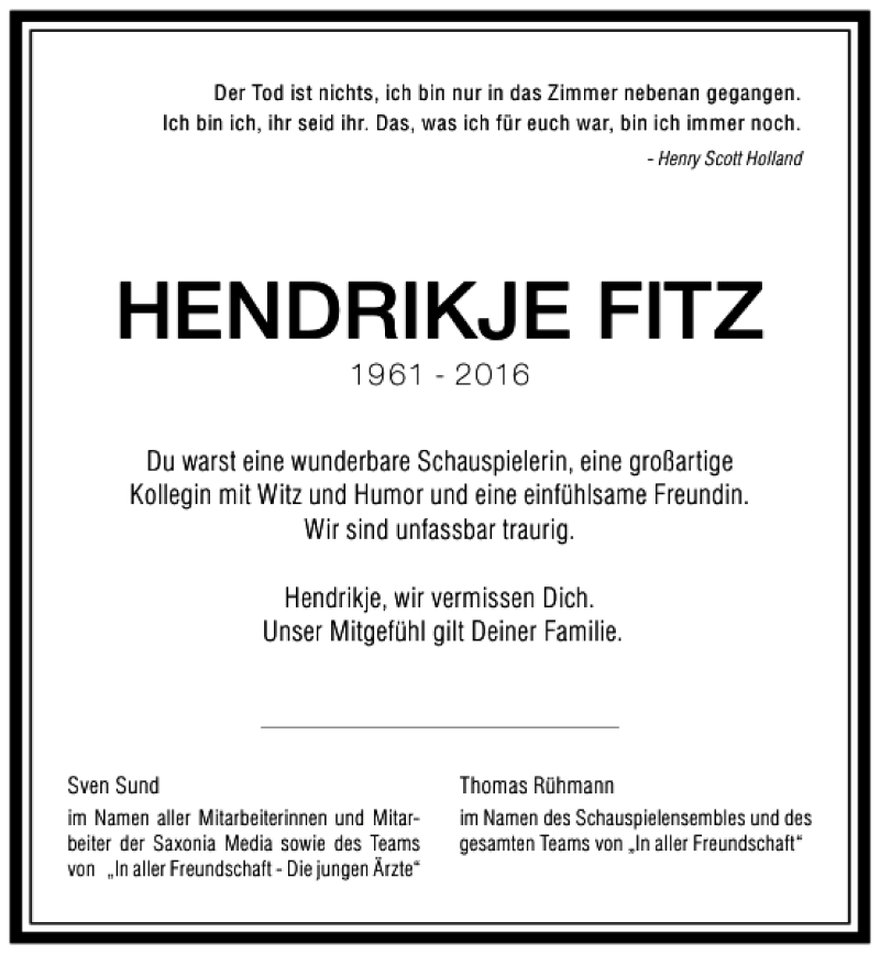  Traueranzeige für HENDRIKJE FITZ vom 23.04.2016 aus Leipziger Volkszeitung