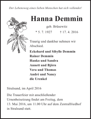 Traueranzeige von Hanna Demmin von Ostsee-Zeitung