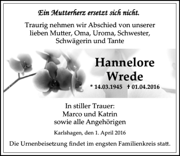 Traueranzeige von Hannelore Wrede von Ostsee-Zeitung