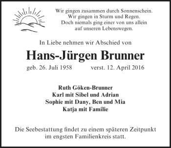 Traueranzeige von Hans-Jürgen Brunner von Lübecker Nachrichten
