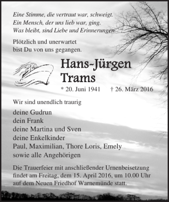 Traueranzeige von Hans-Jürgen Trams von Ostsee-Zeitung