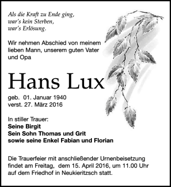 Traueranzeige von Hans Lux von Leipziger Volkszeitung