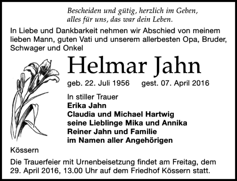  Traueranzeige für Helmar Jahn vom 16.04.2016 aus Leipziger Volkszeitung