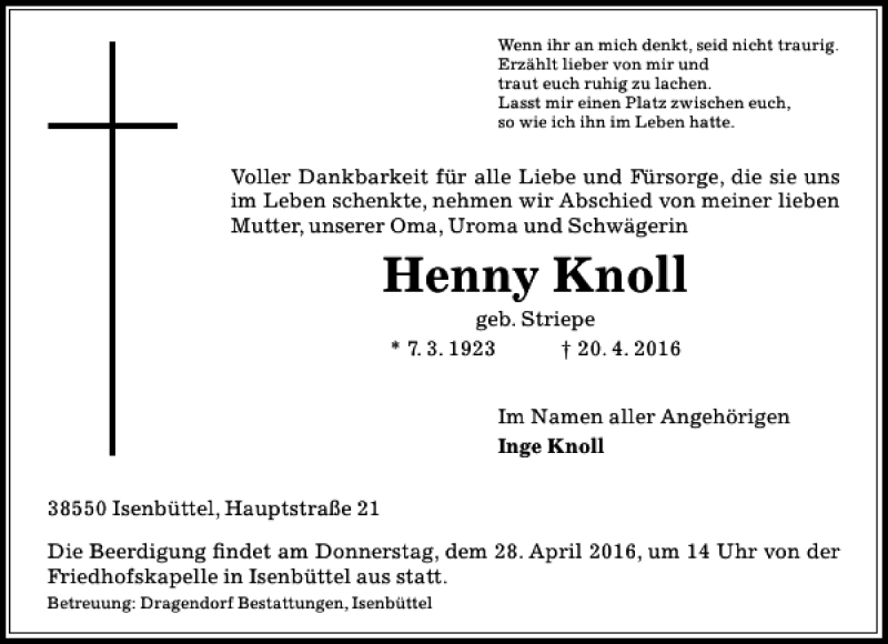  Traueranzeige für Henny Knoll vom 23.04.2016 aus Aller Zeitung / Wolfsburger Allgemeine