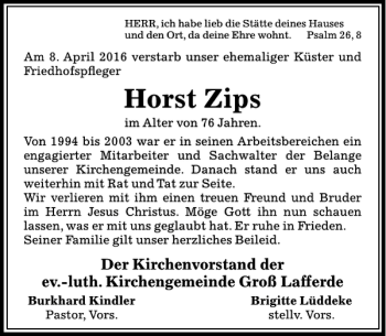 Traueranzeige von Horst Zips von Peiner Allgemeine Zeitung