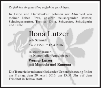 Traueranzeige von Ilona Lutzer von MAZ-Trauer.de