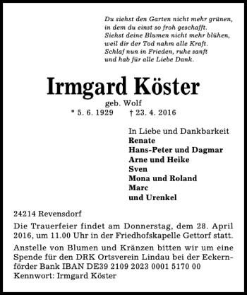 Traueranzeige von Irmgard Köster von Kieler Nachrichten / Segeberger Zeitung