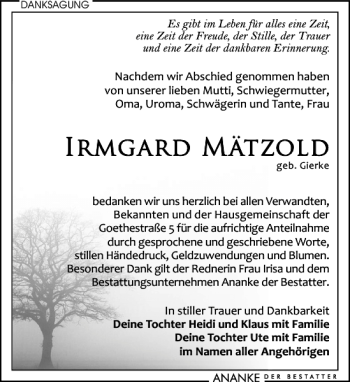 Traueranzeige von Irmgard Mätzold von Leipziger Volkszeitung