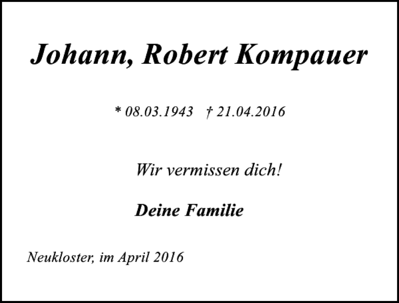  Traueranzeige für Johann Robert Kompauer vom 30.04.2016 aus Ostsee-Zeitung