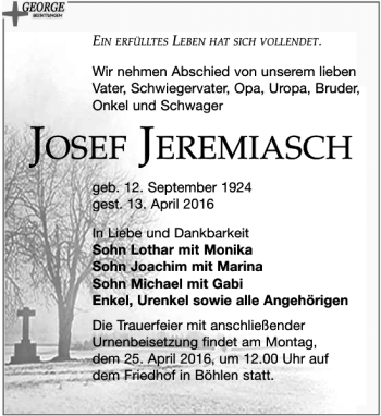 Traueranzeige von Josef Jeremiasch von Leipziger Volkszeitung