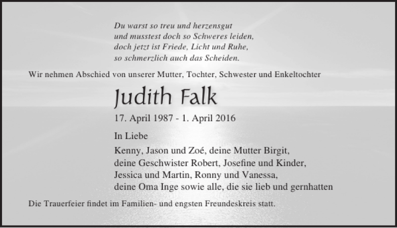  Traueranzeige für Judith Falk vom 09.04.2016 aus Ostsee-Zeitung