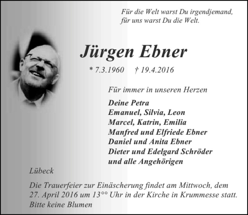 Traueranzeige für Jürgen Ebner vom 24.04.2016 aus Lübecker Nachrichten