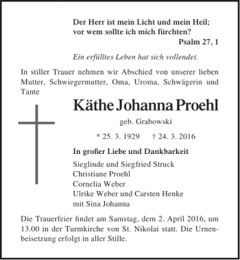 Traueranzeige von Käthe Johanna Proehl von Ostsee-Zeitung