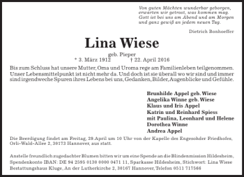 Traueranzeige von Lina Wiese von HAZ/NP