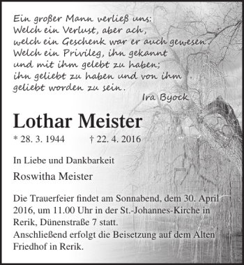 Traueranzeige von Lothar Meister von Ostsee-Zeitung