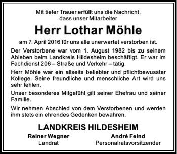 Traueranzeige von Lothar Möhle von Peiner Allgemeine Zeitung