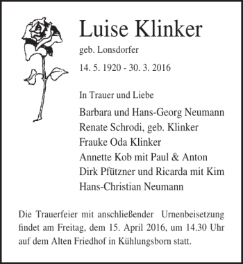 Traueranzeige von Luise Klinker von Ostsee-Zeitung