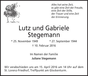 Traueranzeige von Lutz und Gabriele Stegemann von Lübecker Nachrichten