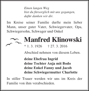 Traueranzeige von Manfred Klinowski von Ostsee-Zeitung