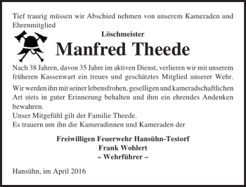 Traueranzeige von Manfred Theede von Lübecker Nachrichten