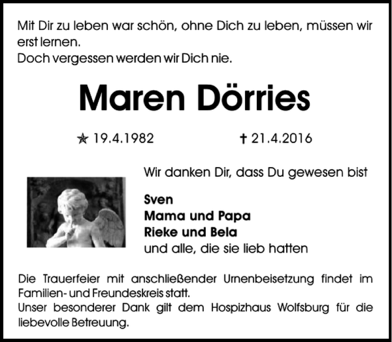 Traueranzeige für Maren Dörries vom 30.04.2016 aus Aller Zeitung / Wolfsburger Allgemeine