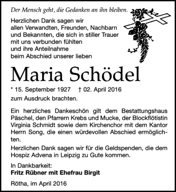 Traueranzeige von Maria Schödel von Leipziger Volkszeitung