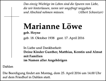 Traueranzeige von Marianne Löwe von Leipziger Volkszeitung