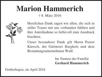 Traueranzeige von Marion Hammerich von Lübecker Nachrichten