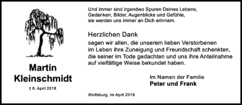 Traueranzeige von Martin Kleinschmidt von Aller Zeitung / Wolfsburger Allgemeine