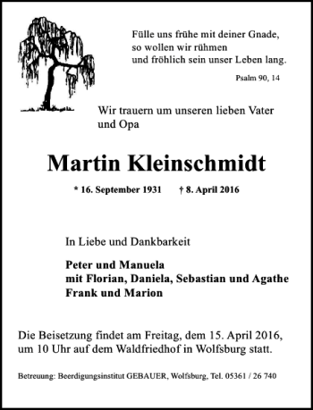 Traueranzeige von Martin Kleinschmidt von Aller Zeitung / Wolfsburger Allgemeine