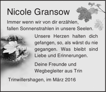 Traueranzeige von Nicole Gransow von Ostsee-Zeitung