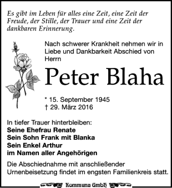 Traueranzeige von Peter Blaha von Leipziger Volkszeitung