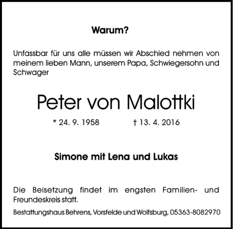  Traueranzeige für Peter Von Malottki vom 16.04.2016 aus Aller Zeitung / Wolfsburger Allgemeine