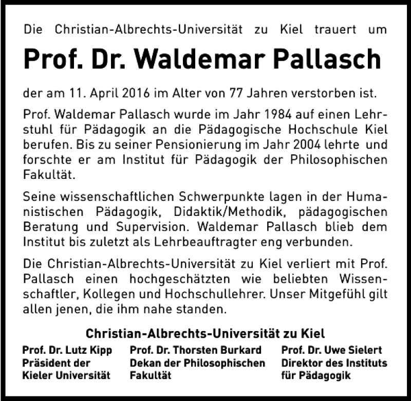  Traueranzeige für Prof. Dr. Waldemar Pallasch vom 23.04.2016 aus Kieler Nachrichten / Segeberger Zeitung