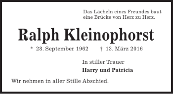 Traueranzeige von Ralph Kleinophorst von Kieler Nachrichten / Segeberger Zeitung