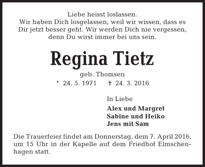  Traueranzeige für Regina Tietz vom 05.04.2016 aus Kieler Nachrichten / Segeberger Zeitung