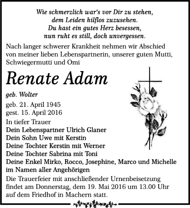  Traueranzeige für Renate Adam vom 23.04.2016 aus Leipziger Volkszeitung