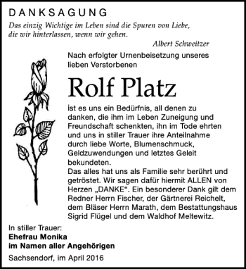 Traueranzeige von Rolf Platz von Leipziger Volkszeitung