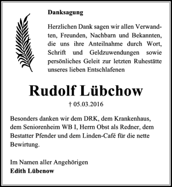 Traueranzeige von Rudolf Lübchow von MAZ-Trauer.de