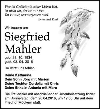 Traueranzeige von Siegfried Mahler von Leipziger Volkszeitung