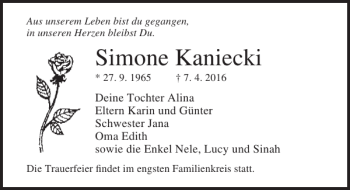 Traueranzeige von Simone Kaniecki von Ostsee-Zeitung
