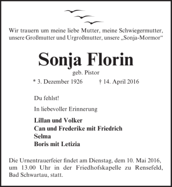 Traueranzeige von Sonja Florin von Lübecker Nachrichten