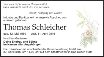 Traueranzeige von Thomas Schleicher von Leipziger Volkszeitung