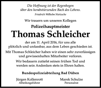 Traueranzeige von Thomas Schleicher von Leipziger Volkszeitung