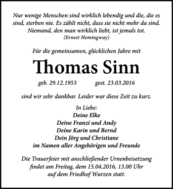 Traueranzeige von Thomas Sinn von Leipziger Volkszeitung