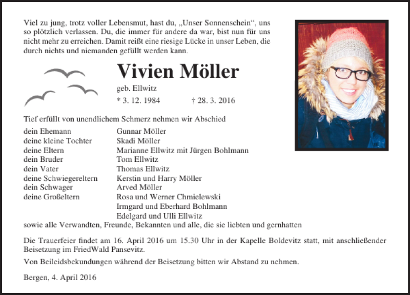  Traueranzeige für Vivien Möller vom 06.04.2016 aus Ostsee-Zeitung