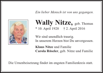 Traueranzeige von Wally Nitze von MAZ-Trauer.de